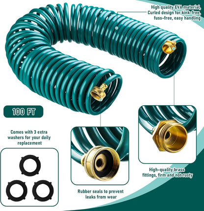 Pangda 100 Ft x 3/8'' Coil Garden Hose EVA Recoil Garden Self Coiling Expanding Water Hose with 6