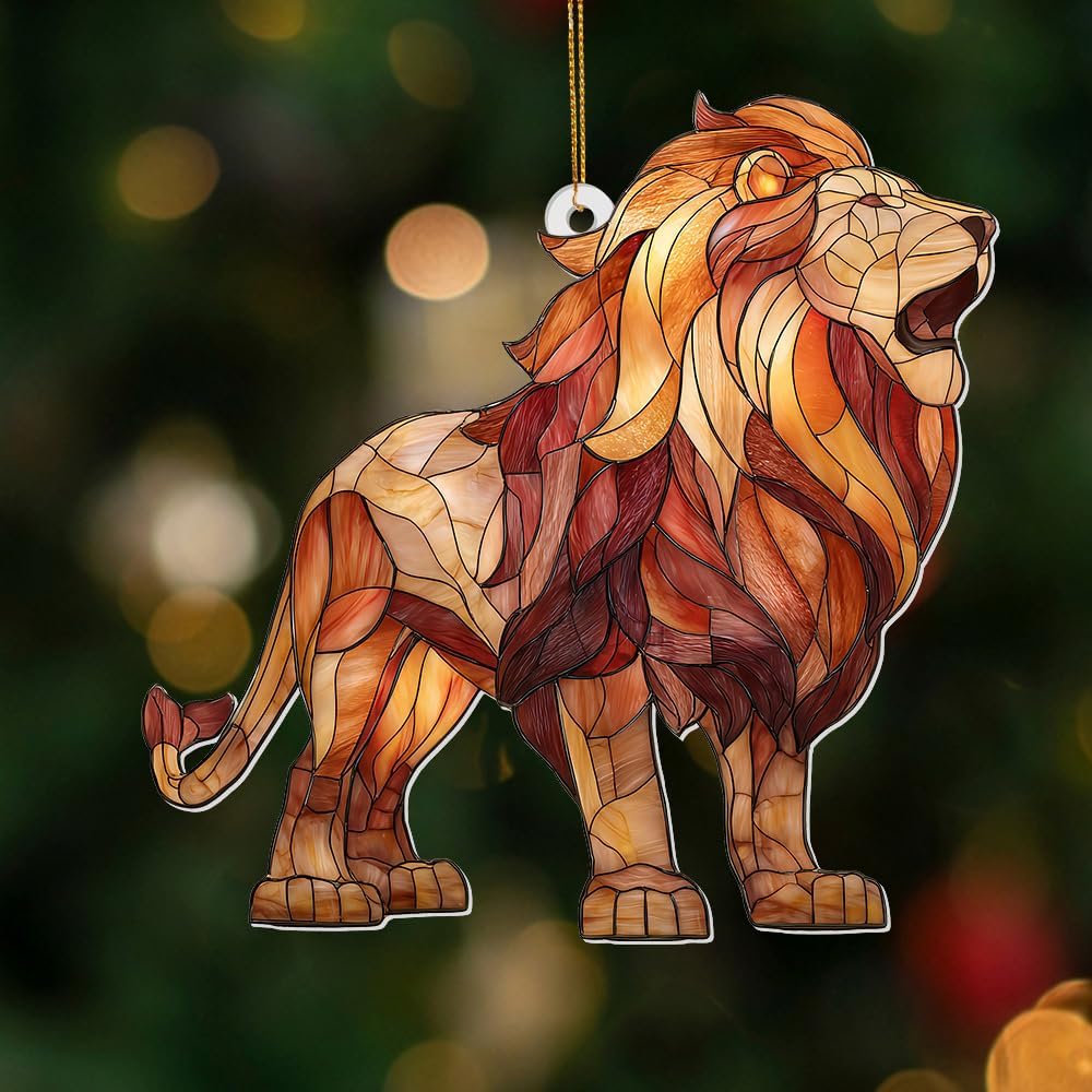 Lion Stained Glass Ornament Acrylic Window Hanging Sun Catcher – Wildlife Animal Decor for
