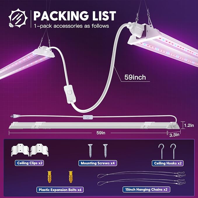 FREELICHT 1 Pack 4ft LED Grow Light, 60W (350W Equivalent), Red Blue (660nm+460nm) Full Spectrum