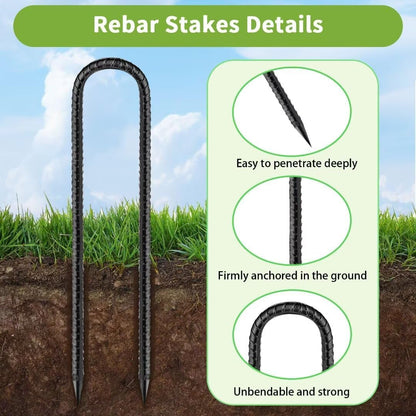 Ground-Stakes-Heavy-Duty-12 inch, U-Hook Rebar Stakes Black Coated Anti-Rust 6pcs Garden Stakes
