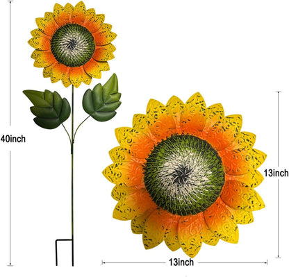 Outdoor Metal Sunflower Stakes, 40 Inch Height, 13 Inch Flower Head, Garden Decor, Set of 2