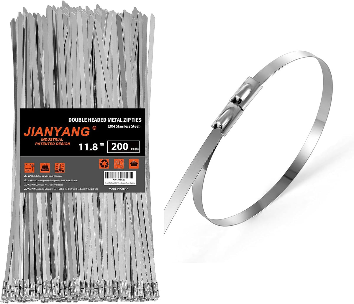 Metal Zip Ties (200PCS 11.8 Inch), 304 Stainless Steel, 300 LBS Heavy Duty Double Headed