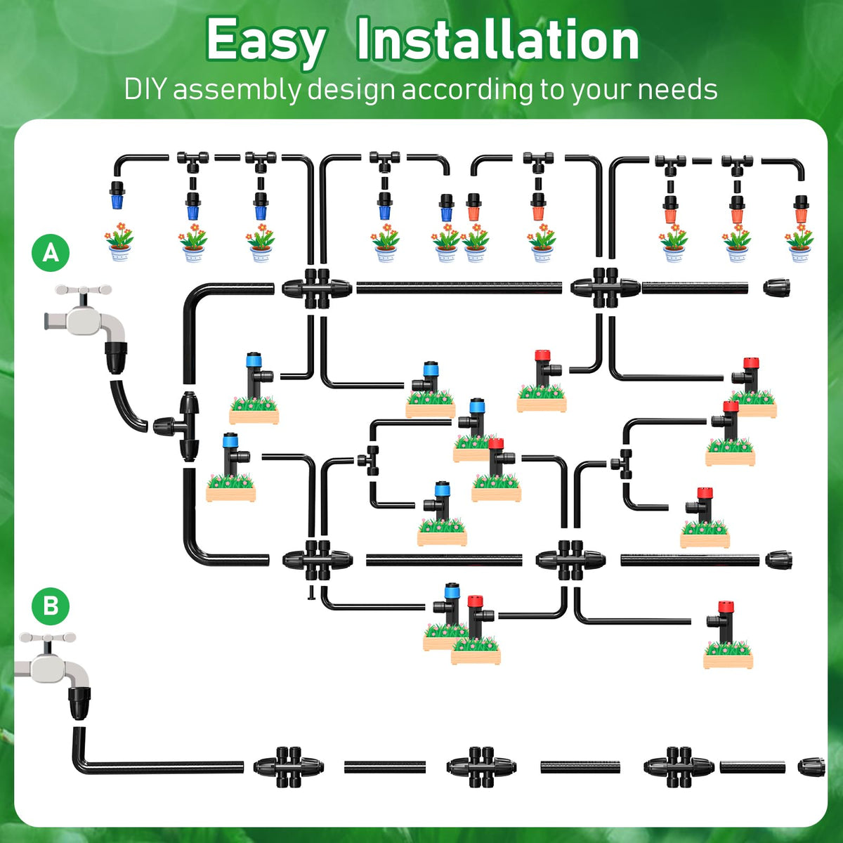246FT Drip Irrigation System, Automatic Drip Irrigation Kit with 1/2" Main Tube & 1/4" Branch