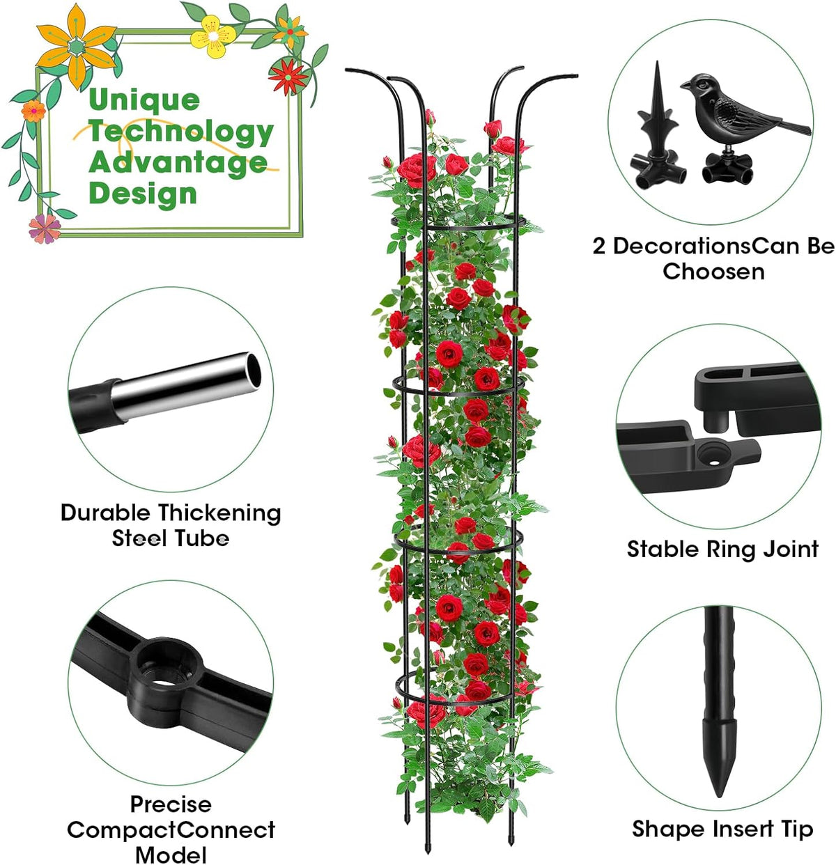 Tower Obelisk Garden Trellis for Climbing Plant，73.6inch Rustproof Metal Potted Plant Climbing