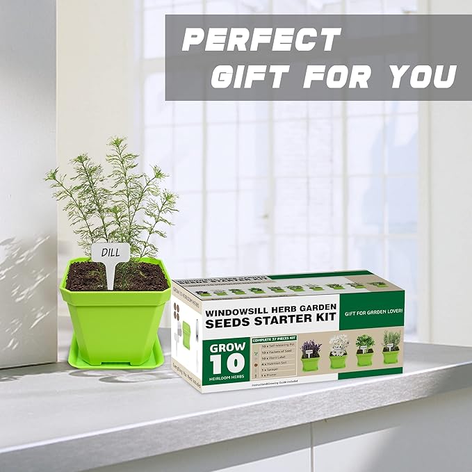10 Herb Seeds Garden Starter Grow Kit with Green Pots, Markers, Nutritional Soil, Watering, Herb