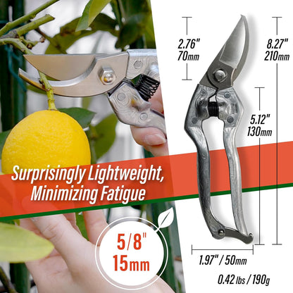 SUIZAN Bypass Pruning Shears 8.3” Plus Forged Aluminum Handle - Professional Japanese Hand Pruners