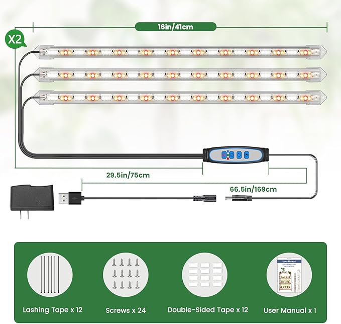 Grow Lights for Indoor Plants Full Spectrum, LED Grow Light Strips with 6/12/16H Timer, 3 Spectrum