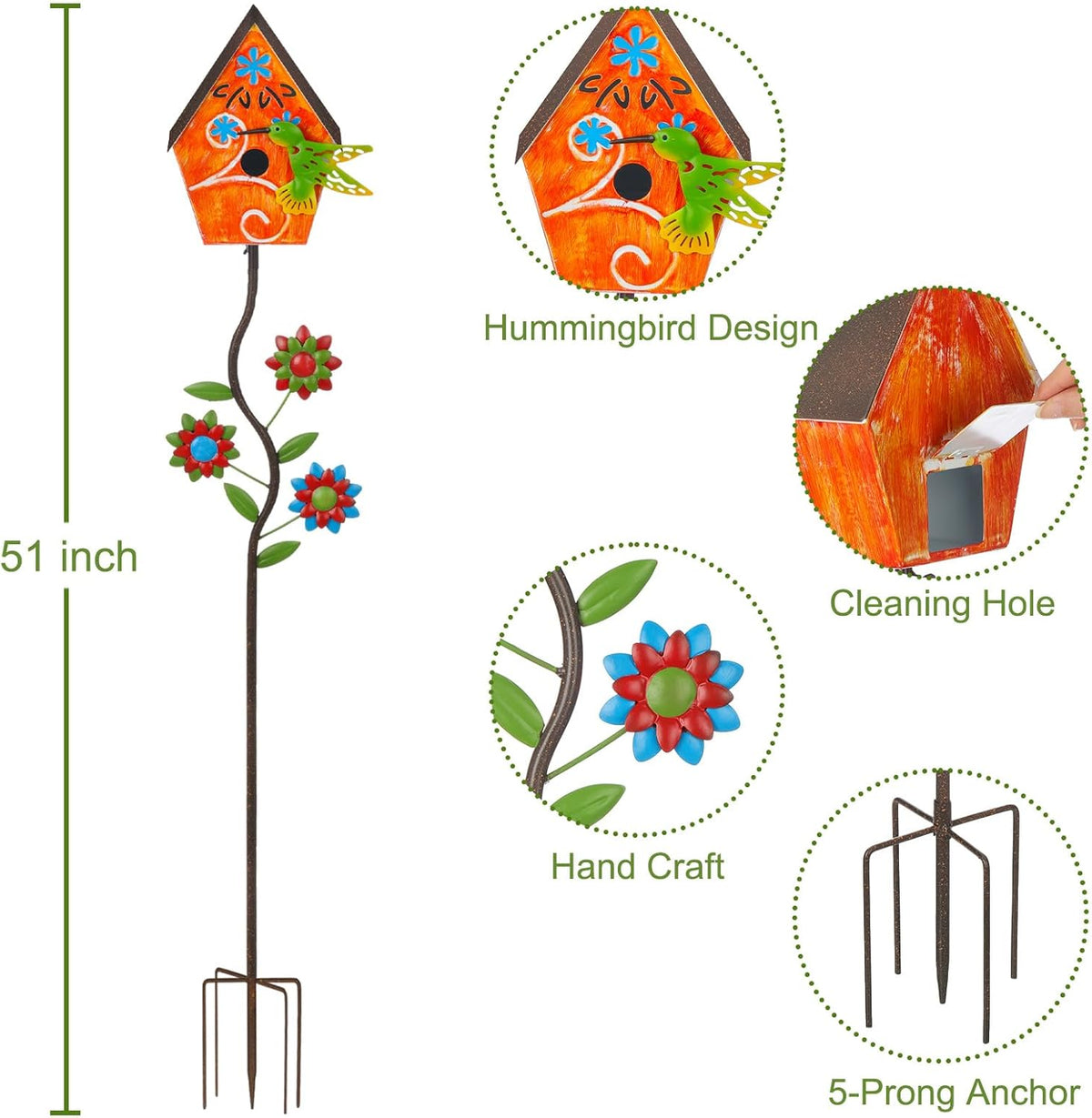 51” Bird Houses Stake for Outside, Metal Wild Bird Feeder Birdhouse Stake Pole with Hummingbird