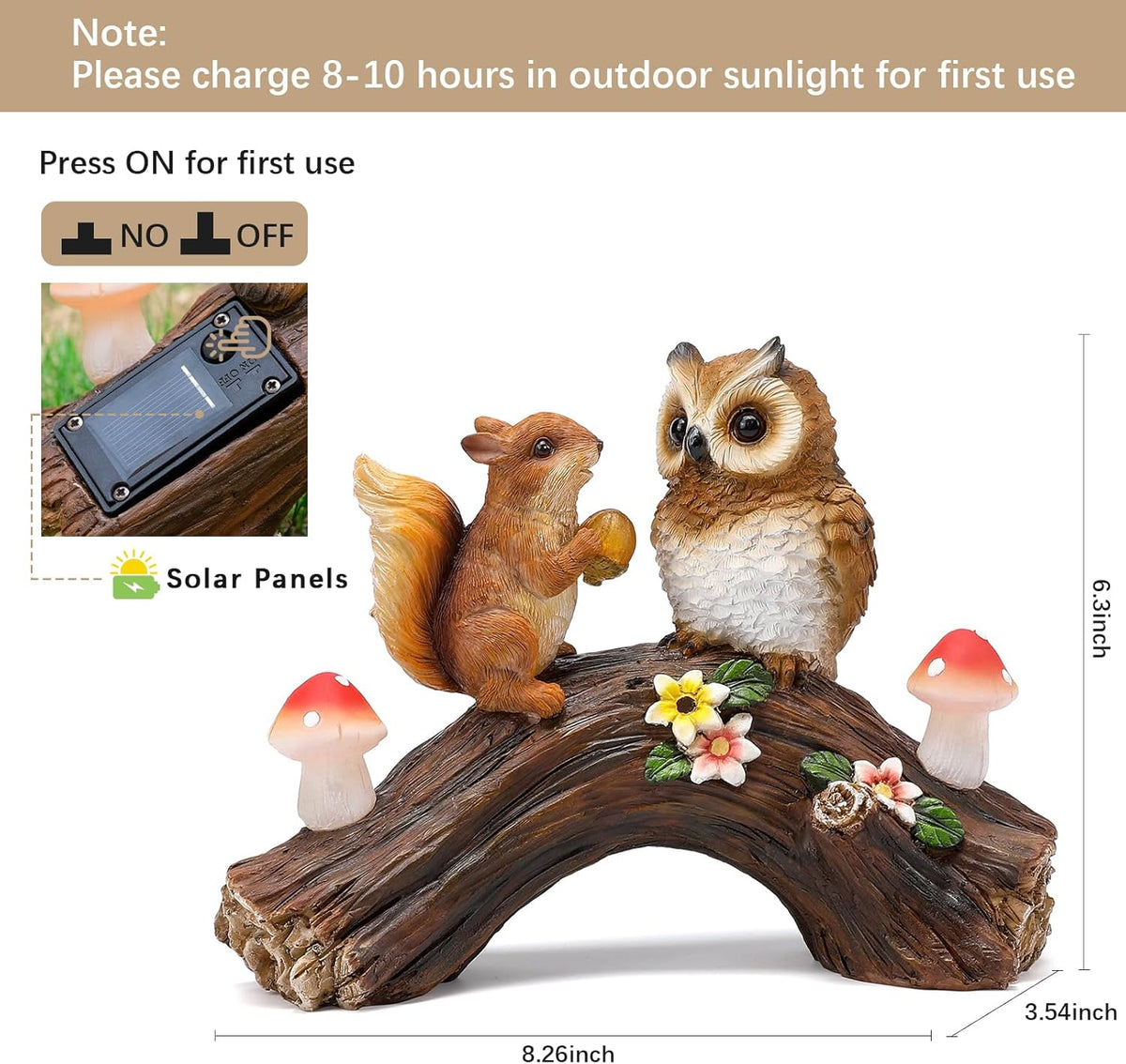 Solar Owl Garden Statues Outdoor Decor Resin Owl Squirrel Figurine with Mushroom Lights for Patio