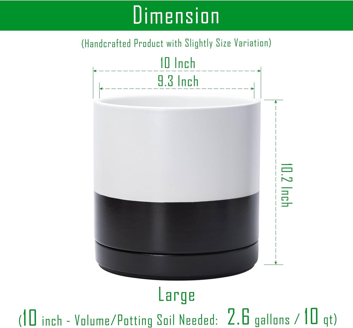 D'vine Dev 10 Inch Ceramic Planter Pot with Drainage Hole and Saucer, Indoor Cylinder Round Planter