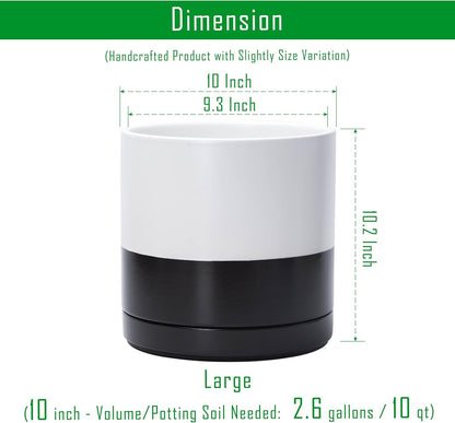 D'vine Dev 10 Inch Ceramic Planter Pot with Drainage Hole and Saucer, Indoor Cylinder Round Planter