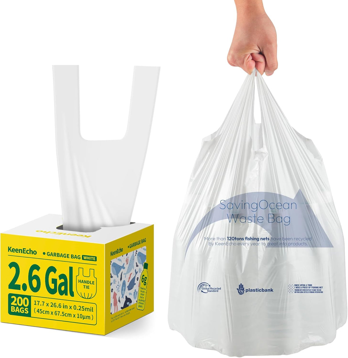 Small Trash Bags with Handles 2.6 Gallon 200 Count White - Ocean Plastic Upcycling - Plastic