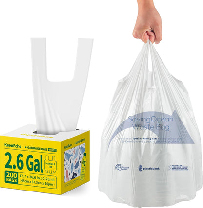 Small Trash Bags with Handles 2.6 Gallon 200 Count White - Ocean Plastic Upcycling - Plastic
