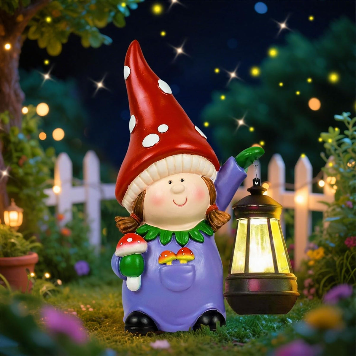 Gnome Statue Garden Ornaments Art Outdoor Decoration with Solar Powered LED Lights Decor for