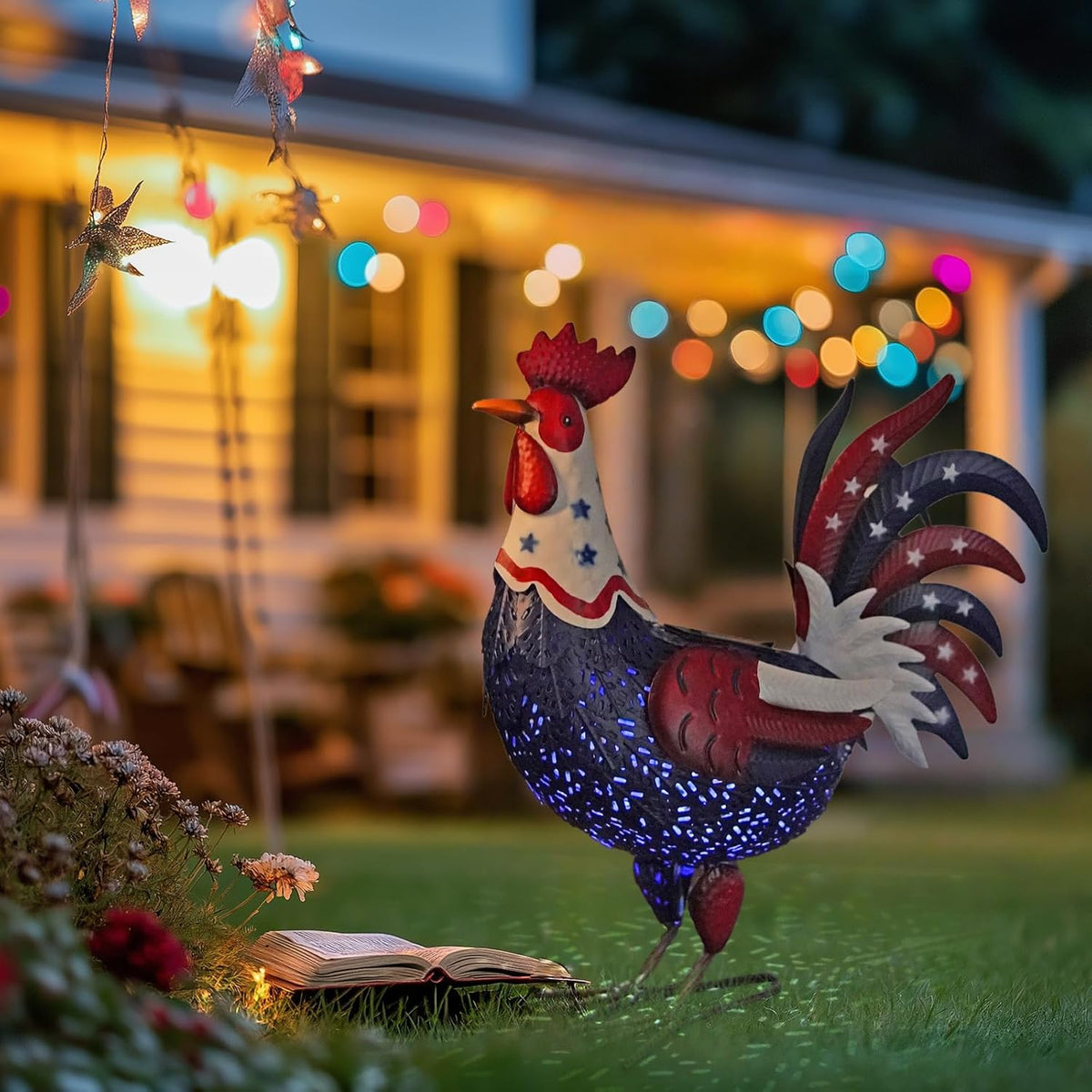 LIFFY Metal Rooster Yard Decor,18" Solar Powered Chicken Sculpture with Patriotic Flag