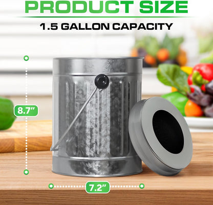 Plexon Countertop Compost Bin Kitchen Indoor, with Lid, Silver 1.5 Gallon Odorless Kitchen Compost