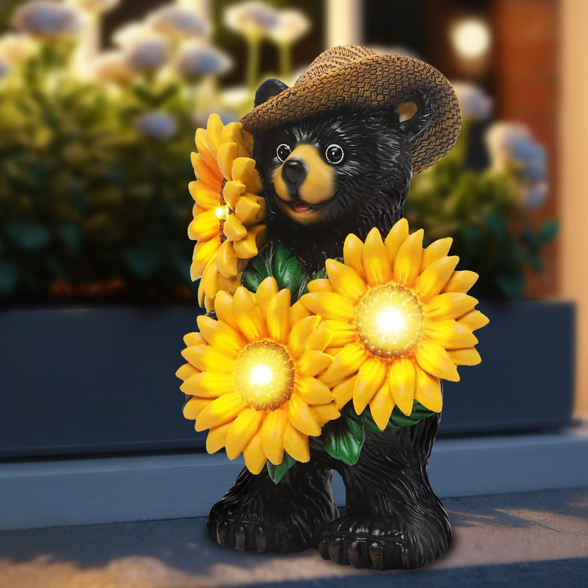 Bear Statue with Sunflowers LED Light 7.2" Solar Lamp Outdoor Garden Patio Yard Porch Lawn Decor