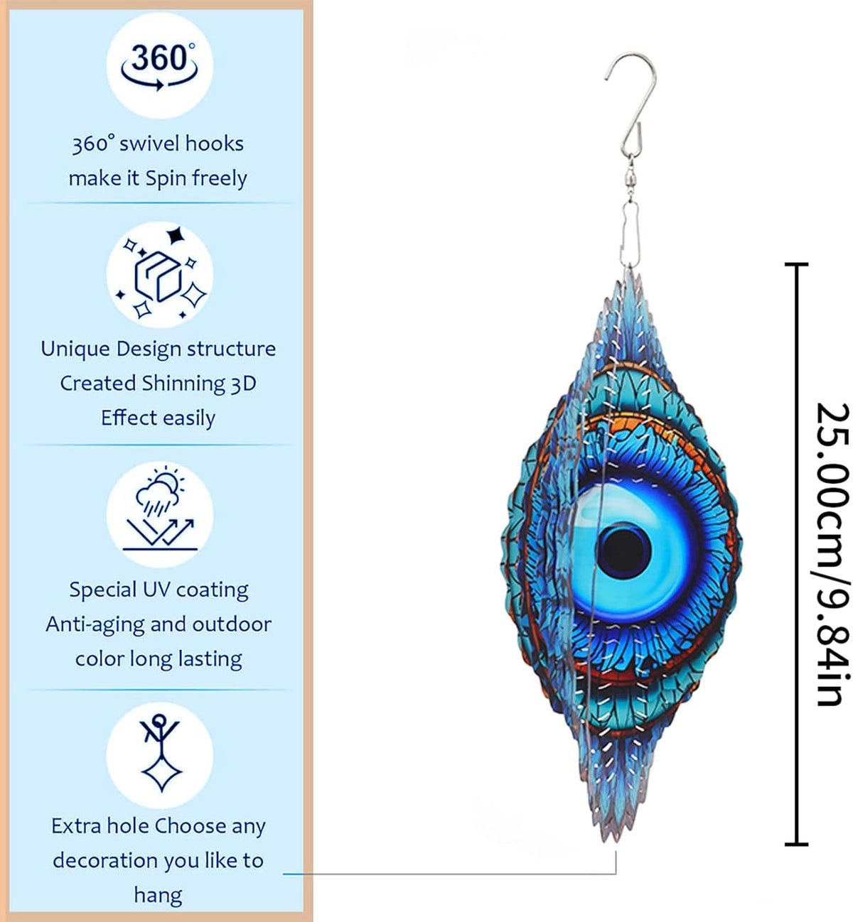 3D Wind Spinner Mandala 10 Inch Evil Eye Stainless Steel Wind Sculpture Blue Hanging Ornament Laser
