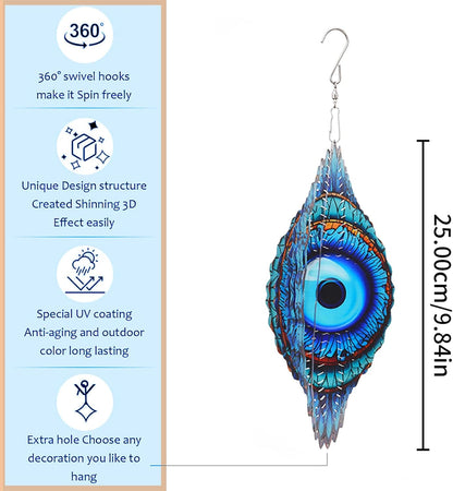 3D Wind Spinner Mandala 10 Inch Evil Eye Stainless Steel Wind Sculpture Blue Hanging Ornament Laser