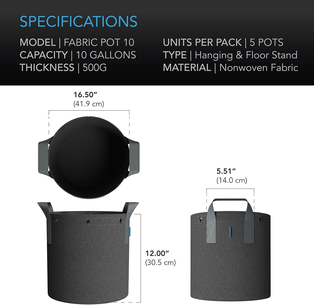 AC Infinity Heavy Duty Fabric Pots, 10 Gallon Aeration Reusable Grow Bags 5-Pack with 500G Thick