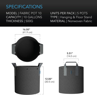 AC Infinity Heavy Duty Fabric Pots, 10 Gallon Aeration Reusable Grow Bags 5-Pack with 500G Thick