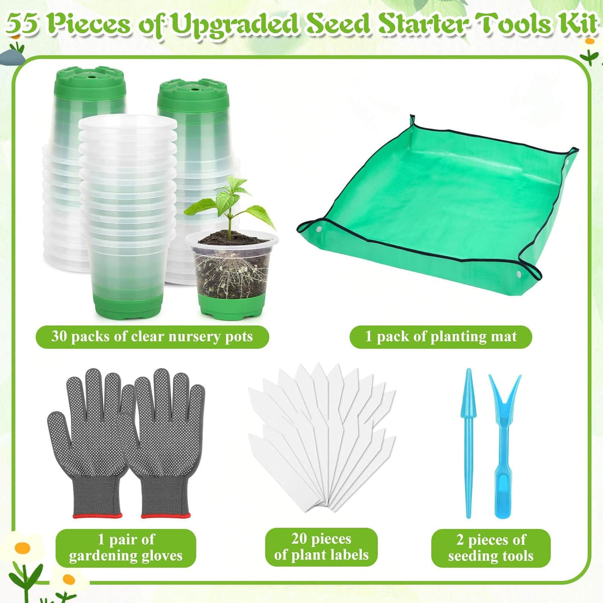 Caffox 55PCS Reusable Seed Starter Kit Includes 30 Packs 3.5" Clear Nursery Pots with Silicone