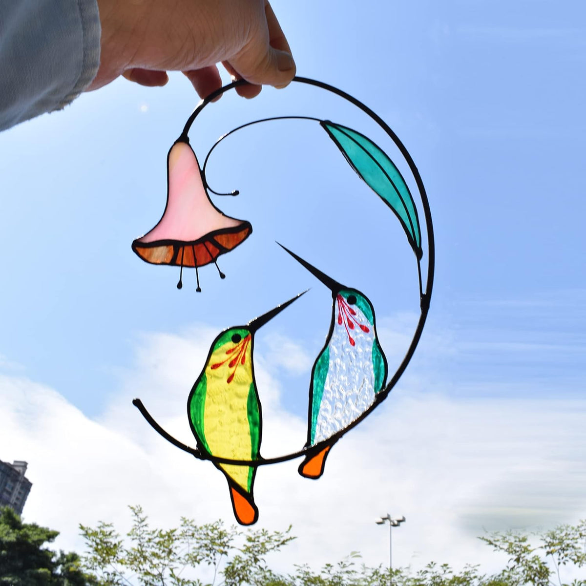 Lolitarcrafts Hummingbird with Flower Stained Glass Suncatcher Bird Stained Glass Window Hangings