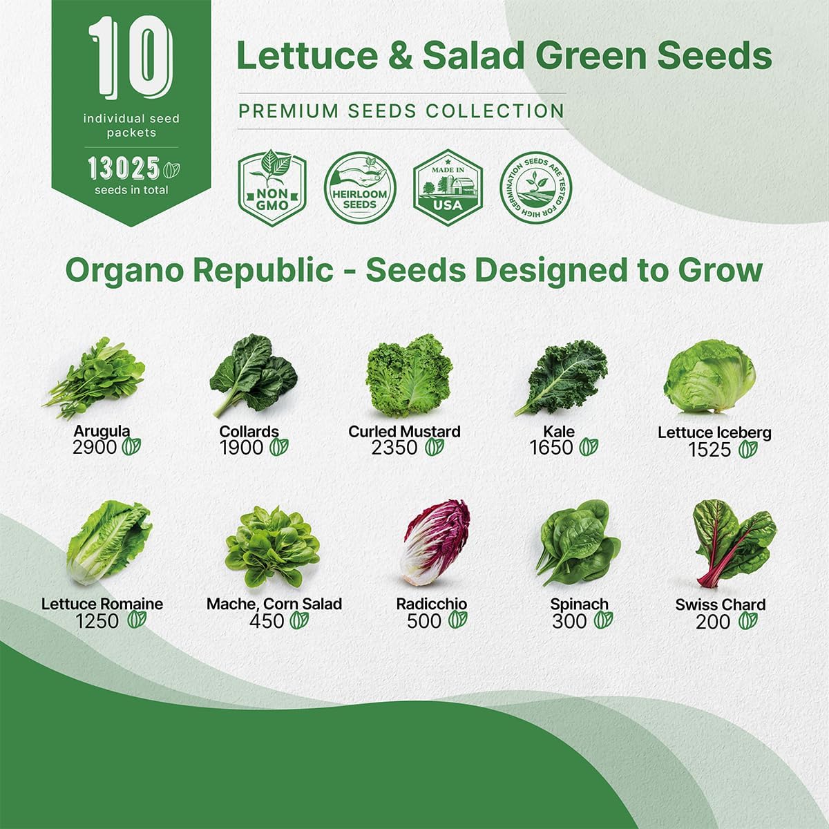 Organo Republic 10 Lettuce & Salad Greens Seeds Variety Pack 13000+ Non-GMO Heirloom Lettuce Seeds