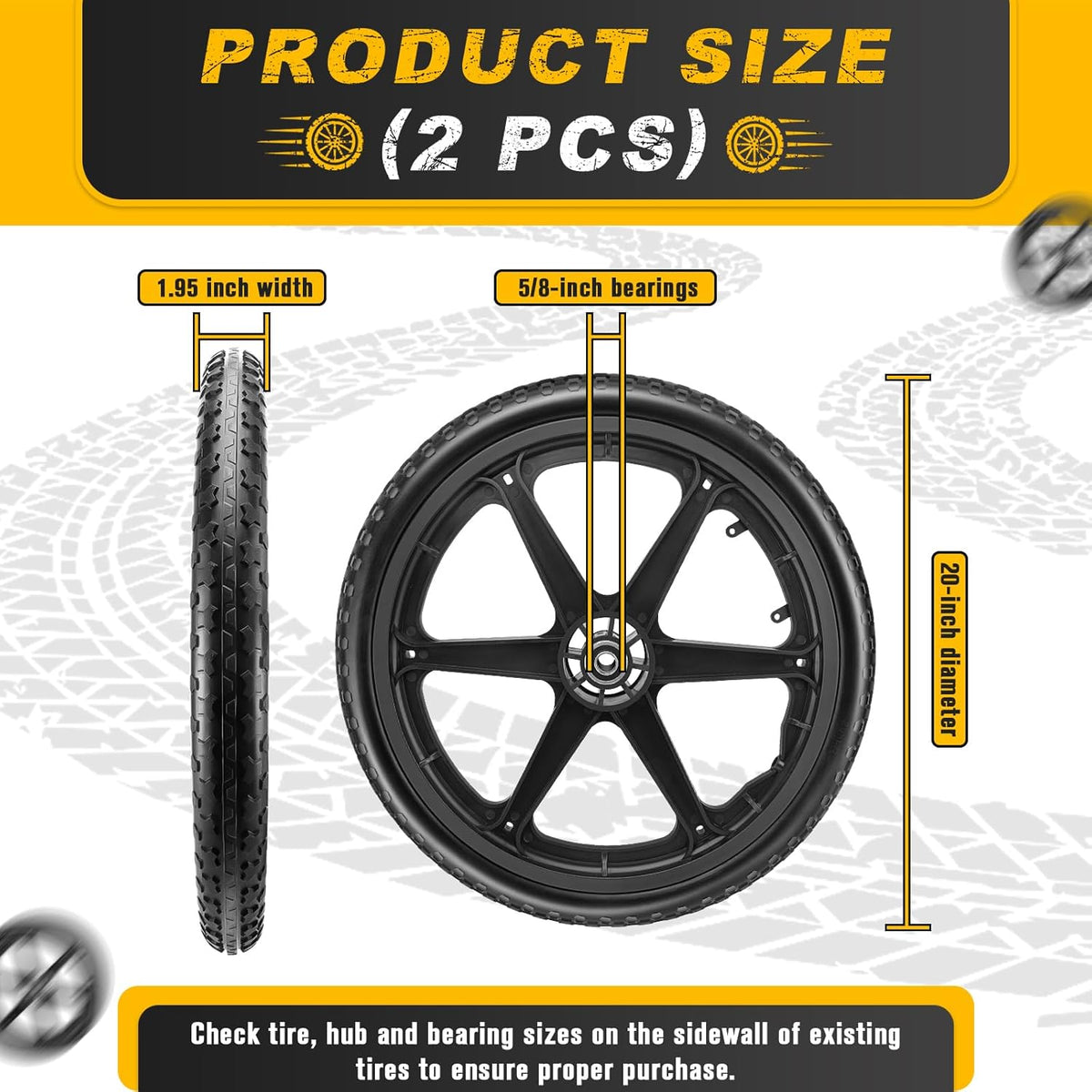 20x1.95" Rim Flat Free Cart Tire Assembly for Rubbermaid Garden Yard Cart, Garden Cart Wheels 20