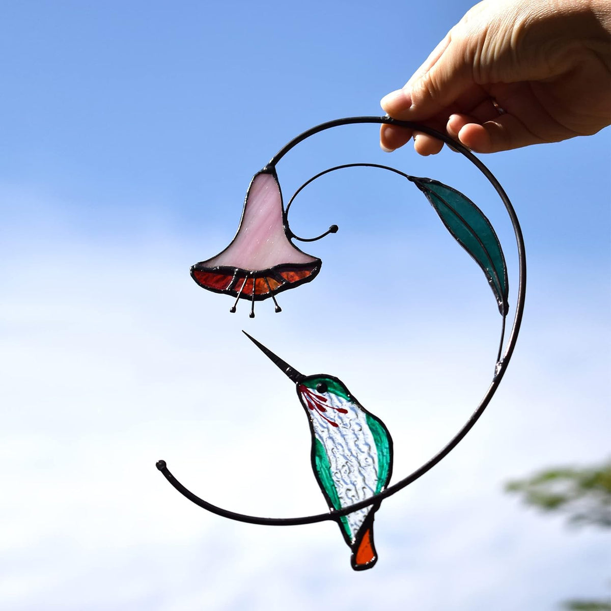 Lolitarcrafts Hummingbird with Flower Stained Glass Suncatcher Bird Stained Glass Window Hangings