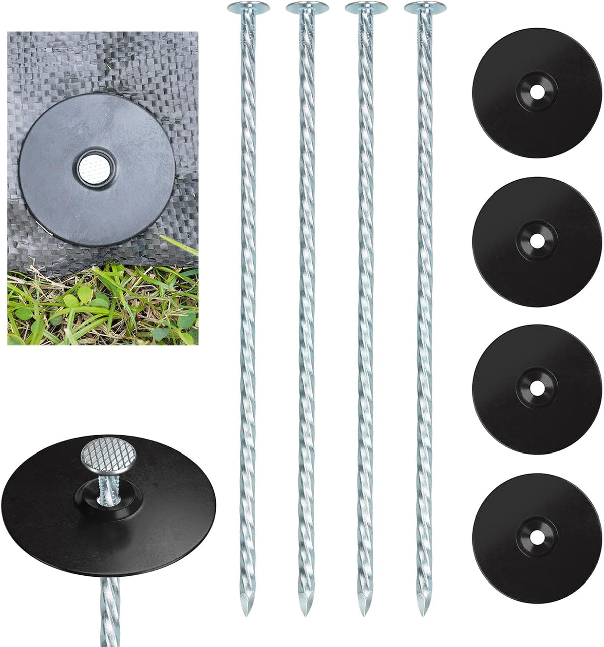 8 Inch Heavy Duty Landscape Stakes with Gasket Caps - 100 Sets Galvanized Spiral Garden Spikes Kit