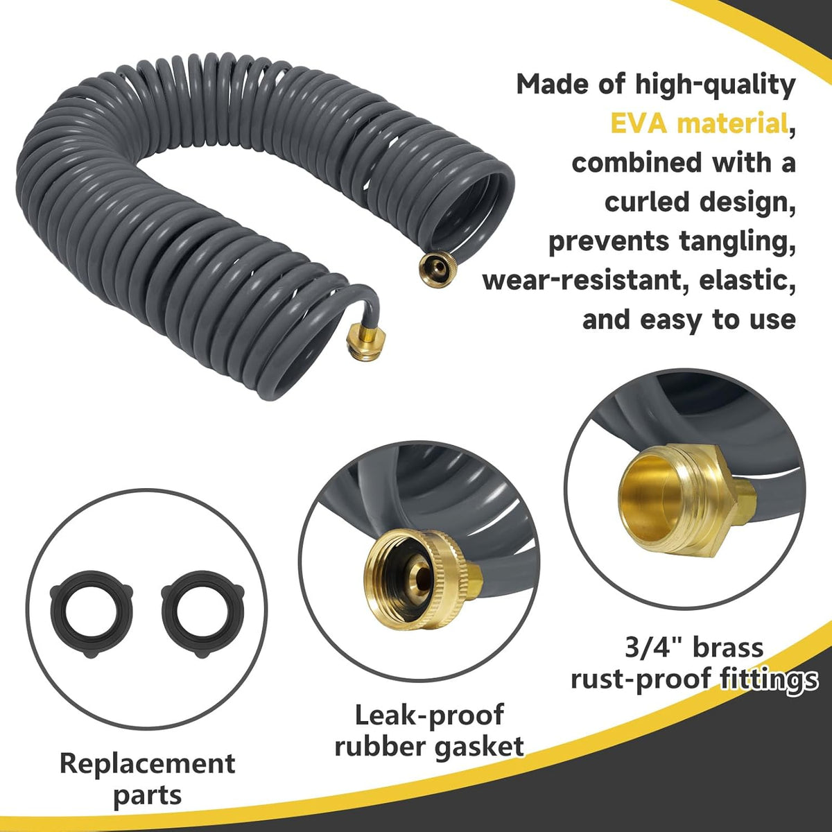 Coil Hose,3/8" EVA Coil Garden Hose 25 FT,Curly Water Hose Lightweight with Brass Connectors,Recoil