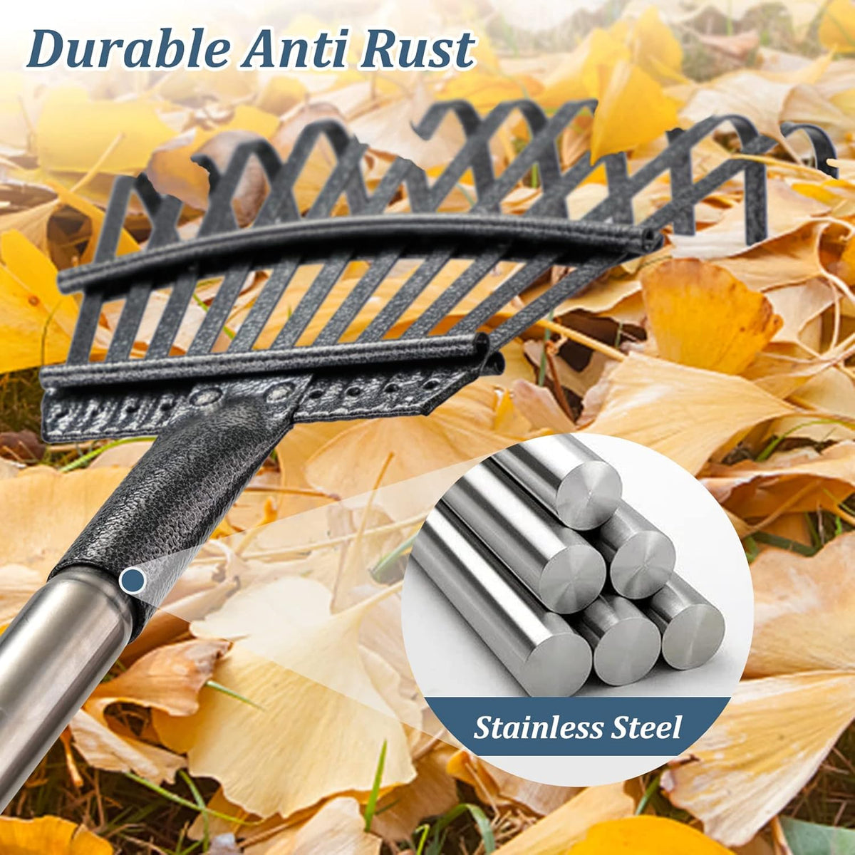 Garden Rake -Small Leaves Rakes for Gardening - 11 Metal Tines 8.5" Wide - 78" Long Handle Leaf