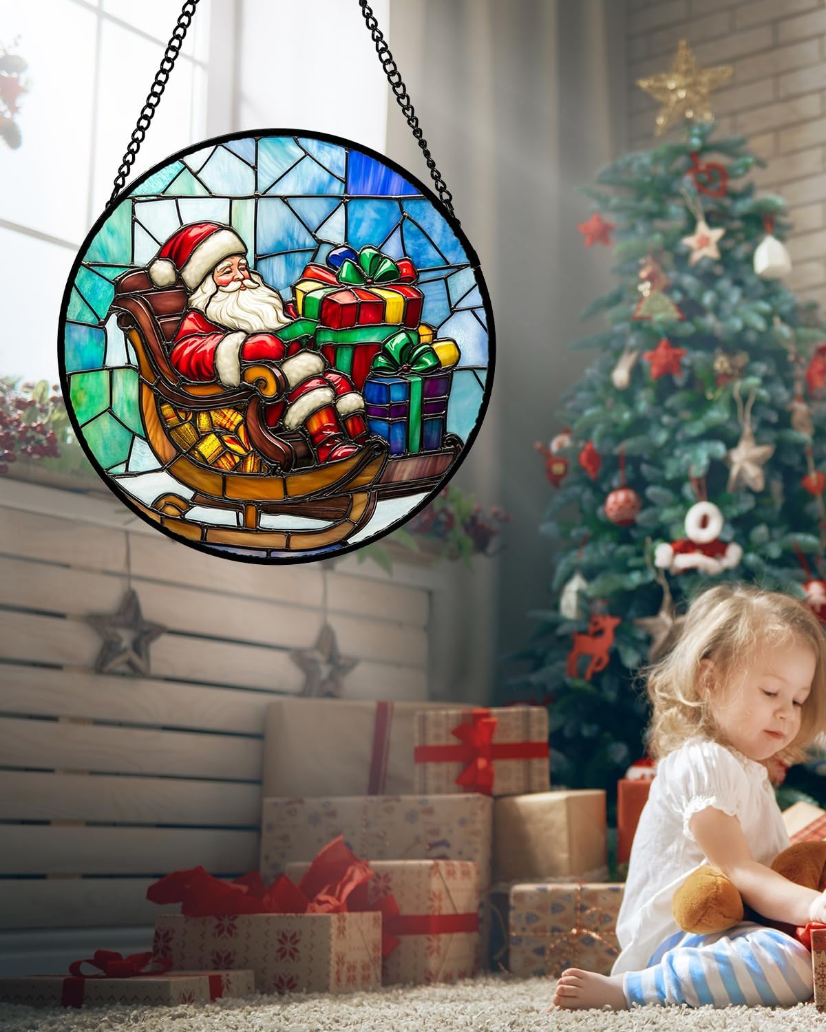 Stained Glass Window Hanging - Santa Claus Gift BoxSuncatcher for Doors Home Christmas Decoration