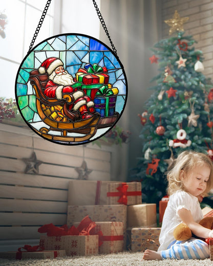 Stained Glass Window Hanging - Santa Claus Gift BoxSuncatcher for Doors Home Christmas Decoration