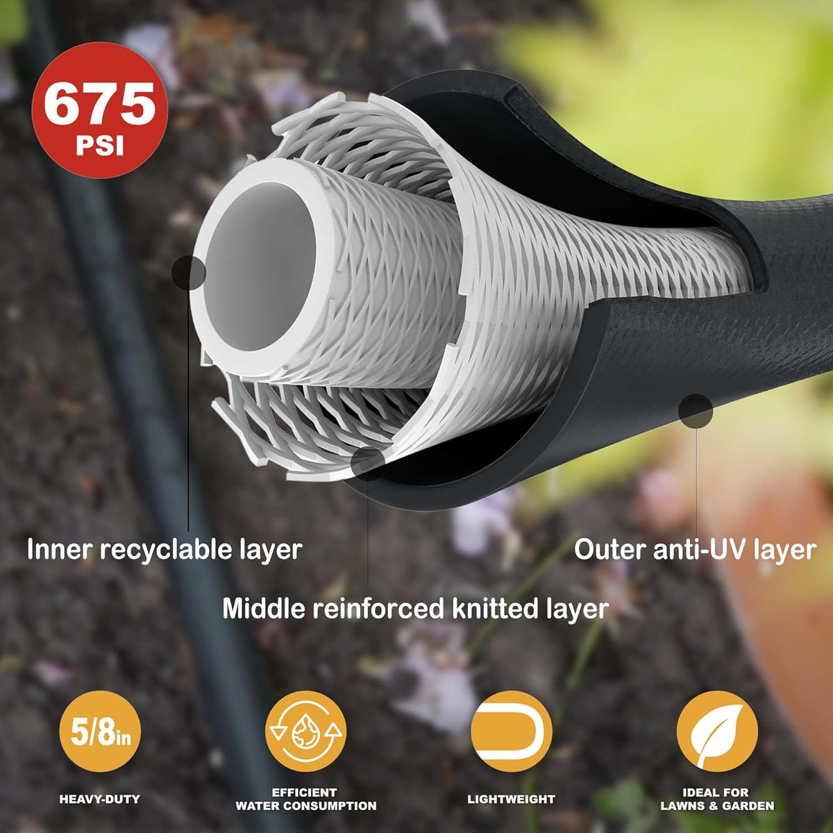 Hybrid Garden Hose 25FT - 5/8" Durable Sturdy and Functional Heavy Duty Rubber Hose with Brass