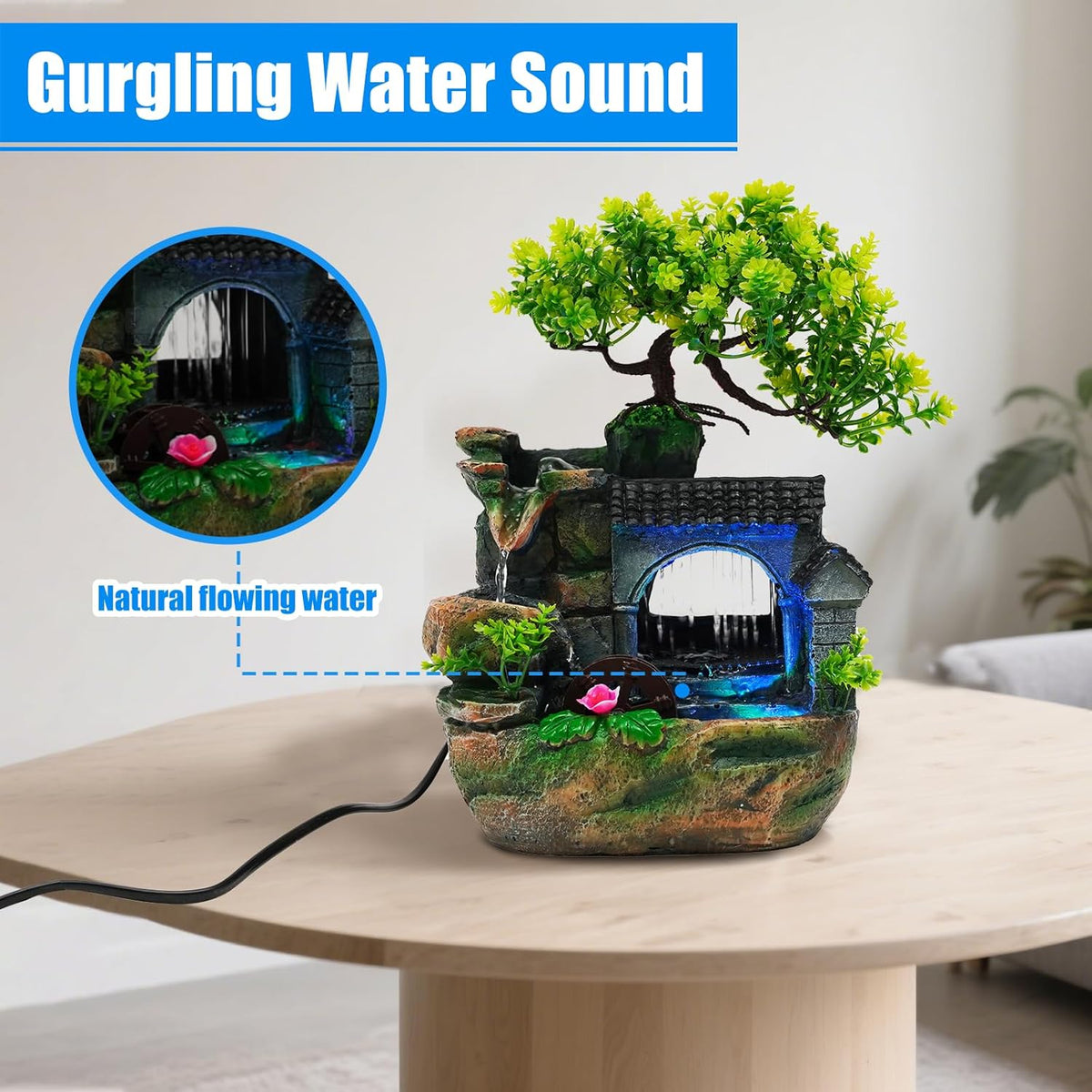 Tabletop Waterfall Fountain – 11 in Rockery Humidifier with Color-Changing LED Light, Adjustable