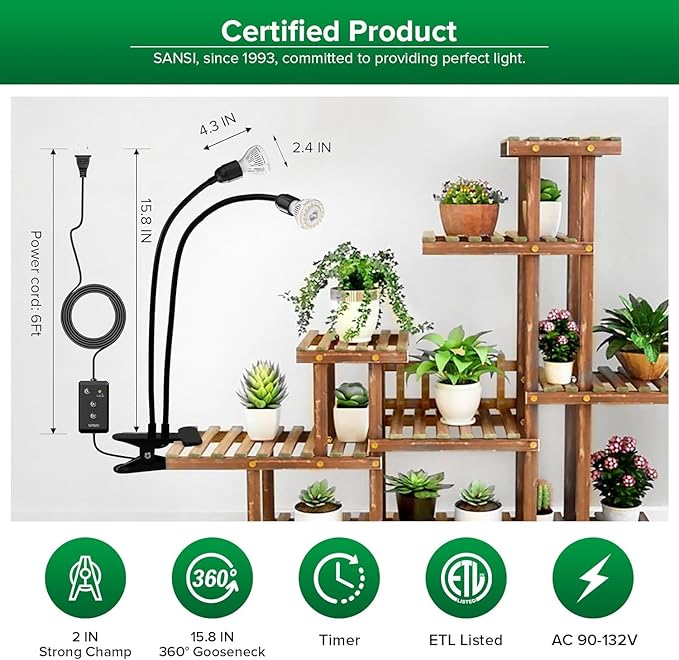 SANSI LED Grow Lights for Indoor Plants, Lifetime Free Bulb Replacement, 300W Full Spectrum Dual