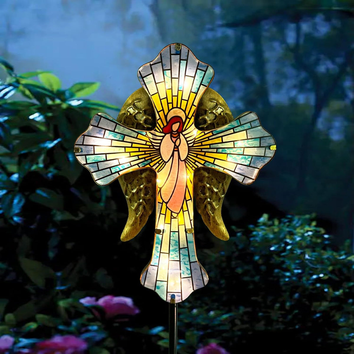 WAIU 33 Inch Solar Cross Garden Light Outdoor Decorative - Solar Acrylic Jesus and Metal Angel