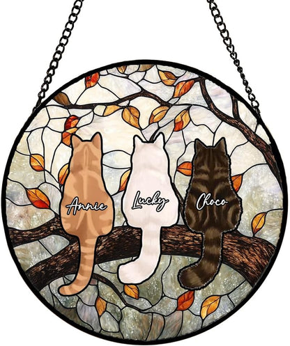 Custom Cat Portrait Stained Glass Window Hanging Light Catcher, Pet Memorial Stained Glass Photo