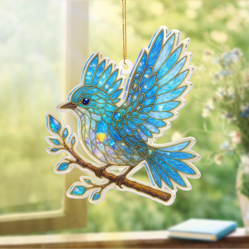 Blue Bird Stained Glass Ornament Acrylic Window Hanging Suncatcher – Bird Lover Gifts, Wildlife