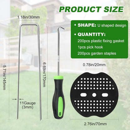 200pcs Garden Stakes Staples, 6 Inch 11 Gauge Landscape Staples + 200pcs Buffer Washer + 1 Pick