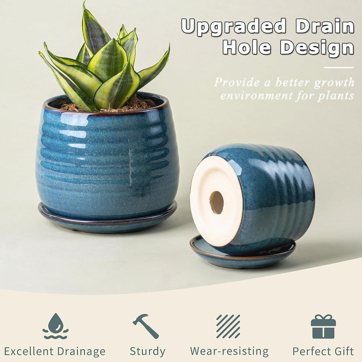 Ceramic Plant Pots with Drainage Holes and Saucers, Indoor Flower Pots for Plants Set of 3