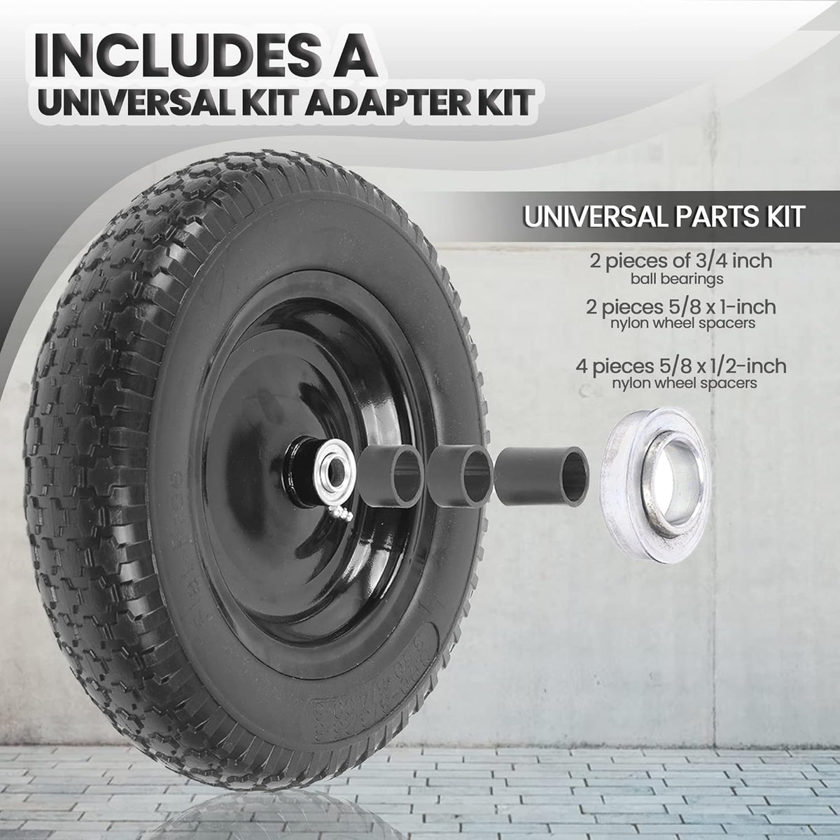 AR-PRO 4.80/4.00-8" Flat Free Tire and Wheel - 14.5" Solid Wheelbarrow Tires with 3" -7" Centered