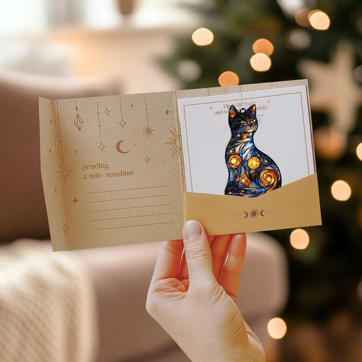 Celestial Cat Acrylic Suncatcher Stained Glass Effect Window Car Hanging Christmas Ornament Indoor