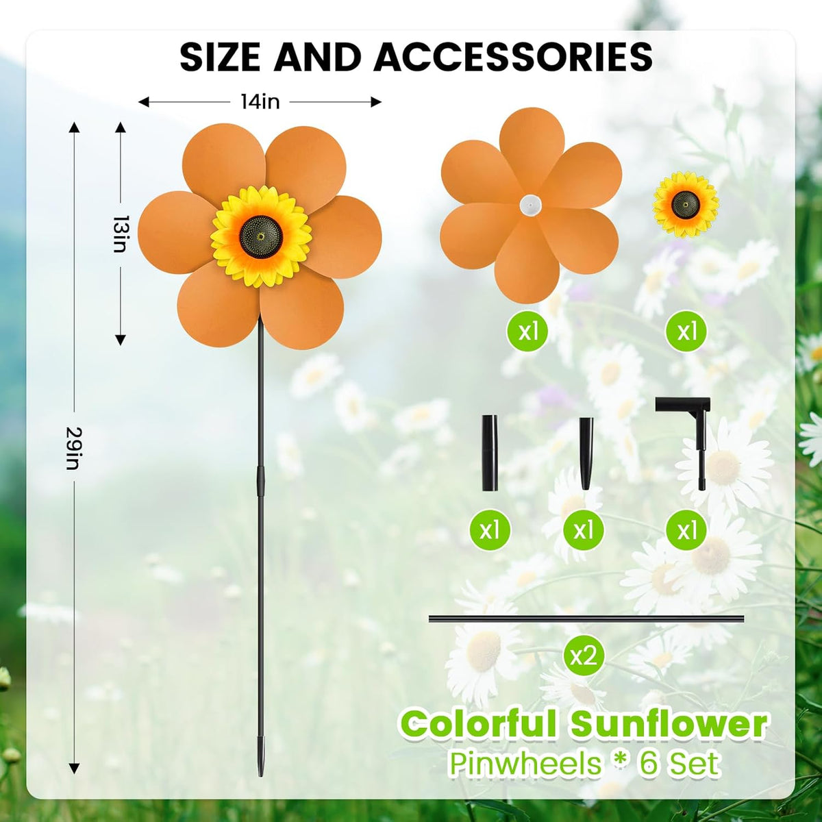6PCS Sunflower Wind Spinners with Stakes 14" W x 29" H Wind Spinners Lawn Pinwheel Rainbow Windmill