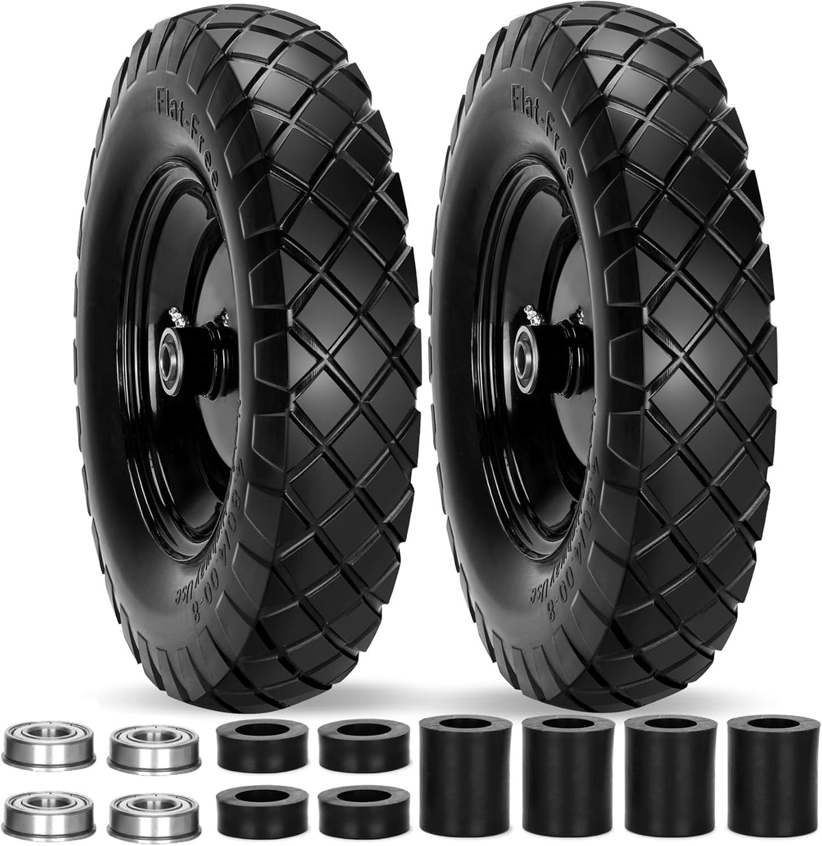 Upgraded 16" Flat Free Wheelbarrow Wheels and Tires, 4.80/4.00-8 Solid Tires with 5/8" & 3/4"