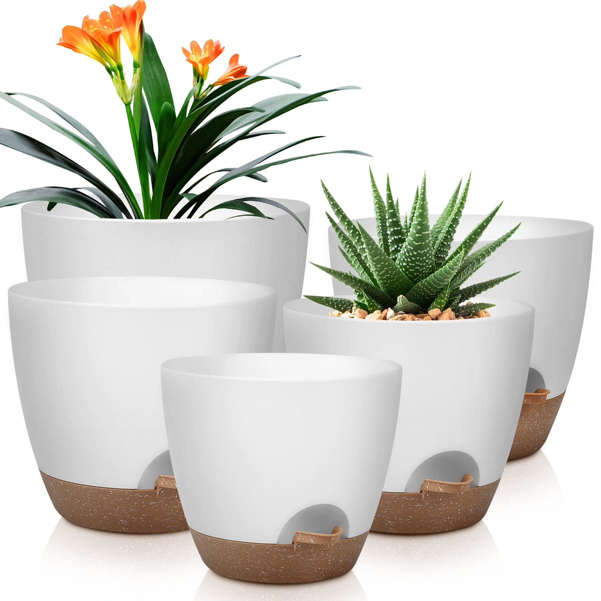 QRRICA Plant Pots 10/9/8/7.5/7 Inch Self Watering Pots, Set of 5 Plastic Planters with Drainage
