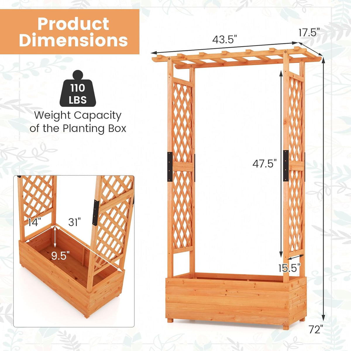 S AFSTAR 72 Inch Raised Garden Bed with Arch Trellis, Hanging Roof & Drainage Holes, 2 Pieces