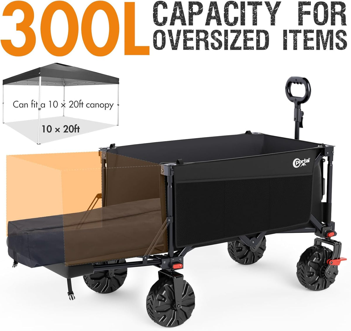 Portal 300L Large Wagons Carts Foldable with Tailgate, 550LB Heavy-Duty Collapsible Beach Wagon